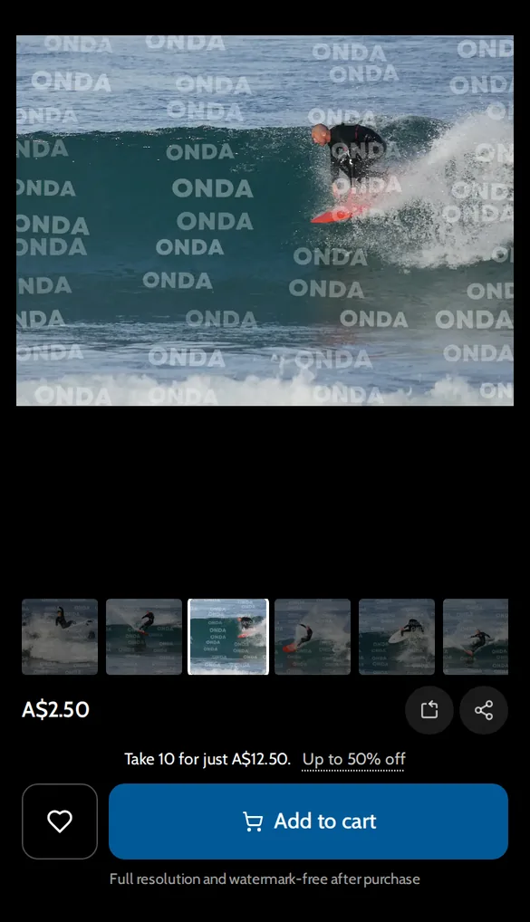 Onda photo preview covered in ONDA watermarks at different sizes and angles, with the note Full resolution and watermark-free after purchase