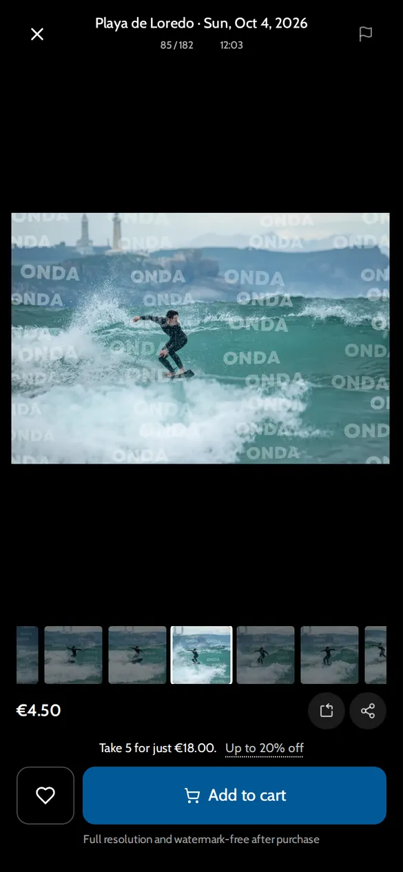 Onda photo viewer showing a watermarked surf photo from Playa de Loredo with an Add to cart button