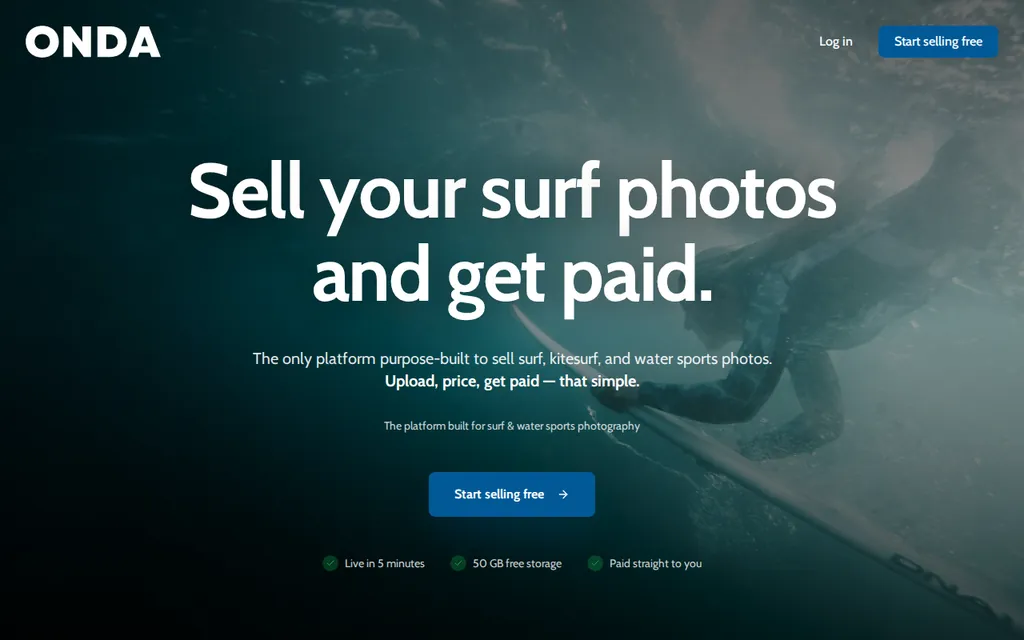 Onda page titled Sell your surf photos and get paid, with a Start selling free button