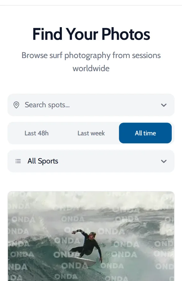 Onda Find Your Photos page with a spot search, date filters and a recent surf album