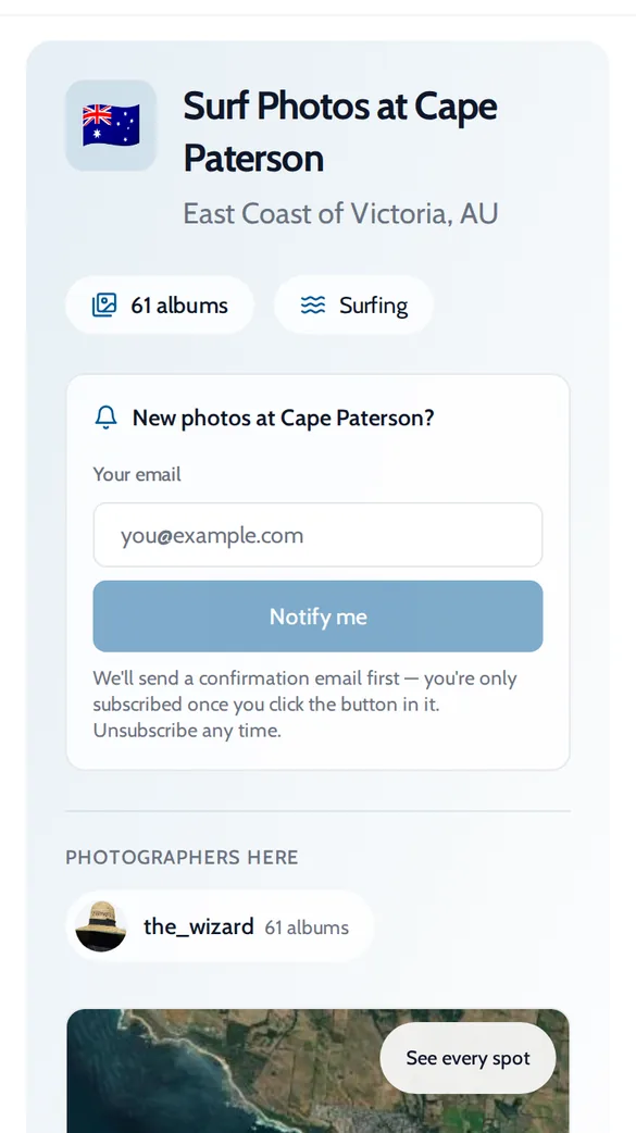 Onda spot page for Cape Paterson with the album count, a Notify me box and the photographers who shoot there