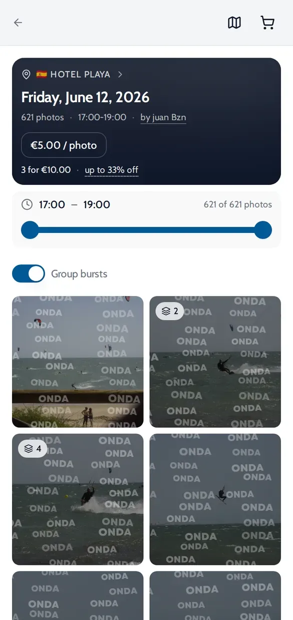 ONDA album at Hotel Playa, Rota, Friday, June 12, 2026 by juan Bzn, 621 photos, with a grid of kite and foil riders