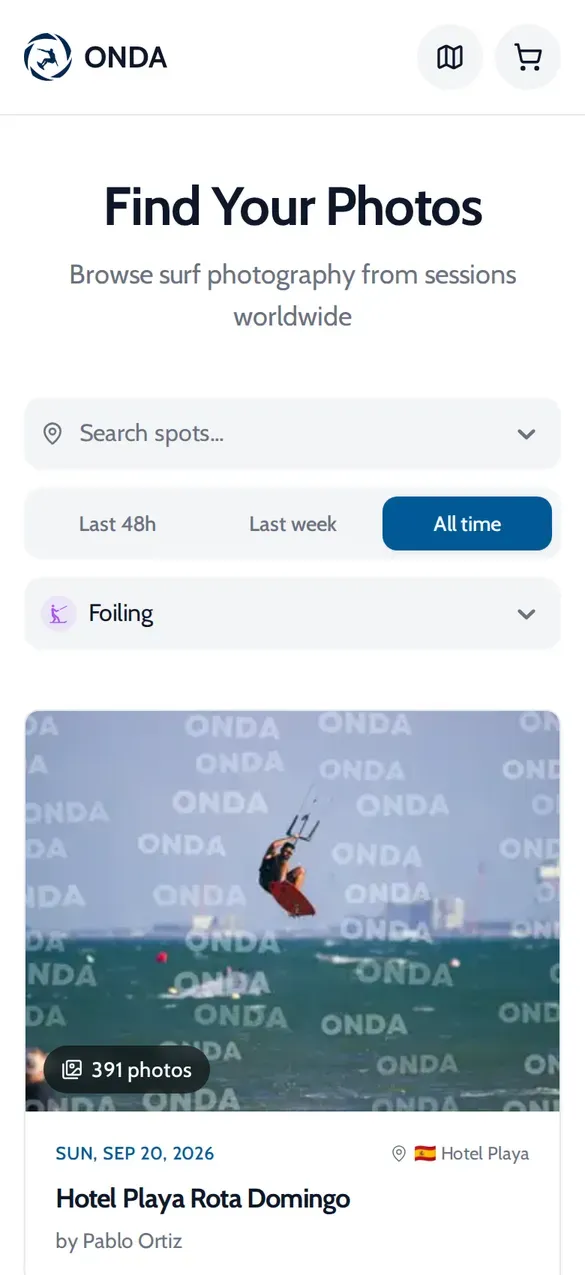 ONDA Find Your Photos page filtered to Foiling, showing a 391-photo album at Hotel Playa, Rota