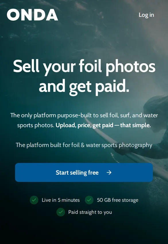 ONDA page Sell your foil photos and get paid, with a Start selling free button
