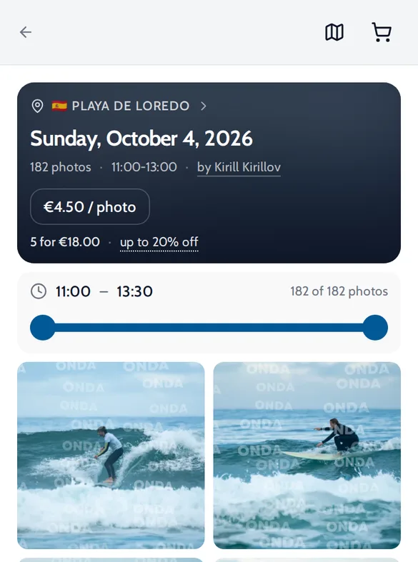 Onda album page for one surf session, with the date, time range, price per photo and a grid of photos