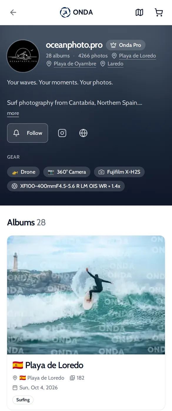 Onda photographer profile with a Follow button under the bio
