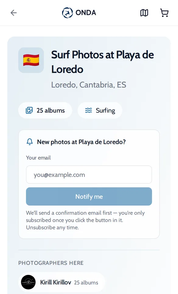 Onda spot page with a New photos at Playa de Loredo email box and a Notify me button