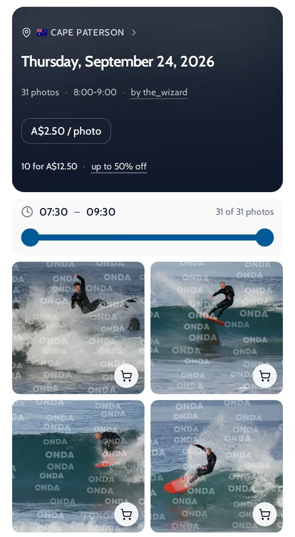 Onda album page on a phone for a Cape Paterson session with the price per photo, a 10 for A$12.50 offer and a grid of surf photos
