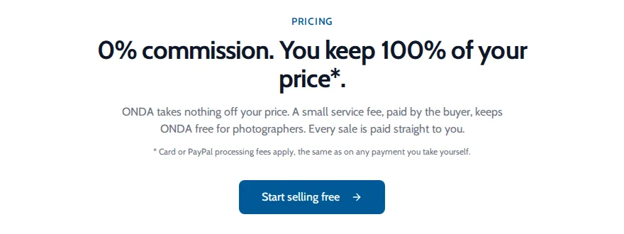 ONDA pricing section: 0% commission, you keep 100% of your price