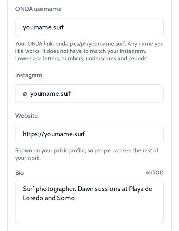 Onda profile settings with the username, Instagram, website and bio fields