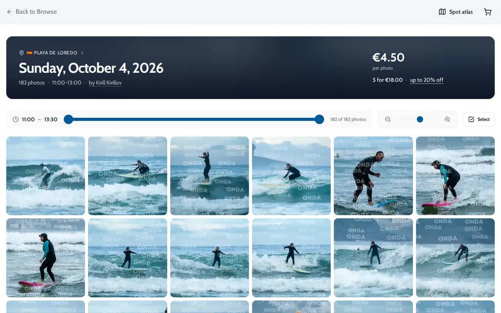 Onda album page for Playa de Loredo with a grid of surf photos that share one consistent edit