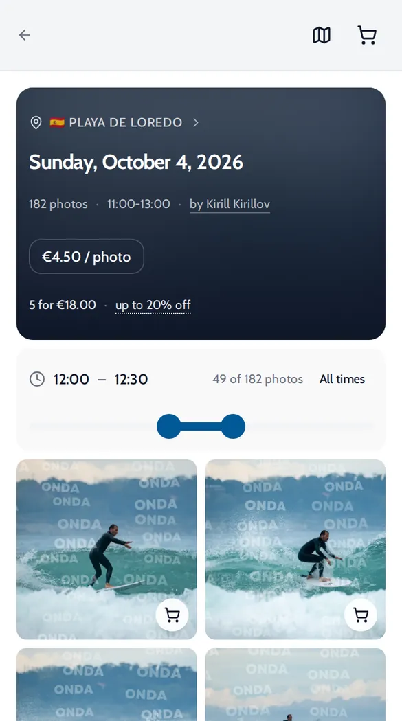 Onda album page for Playa de Loredo with a time slider set from 12:00 to 12:30, showing 49 of 182 photos