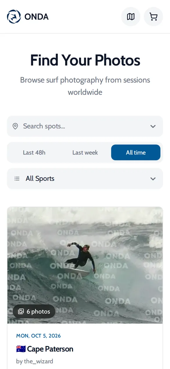 Onda browse page with a spot search box, date filters and the latest surf albums