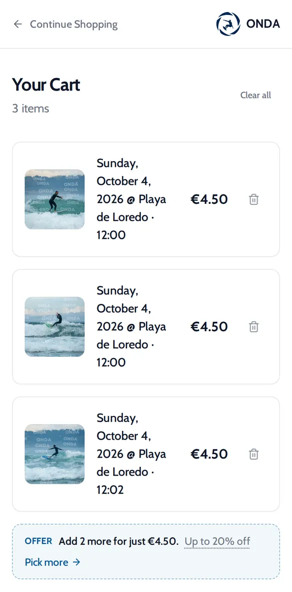 Onda cart with three surf photos from Playa de Loredo at 4.50 euros each