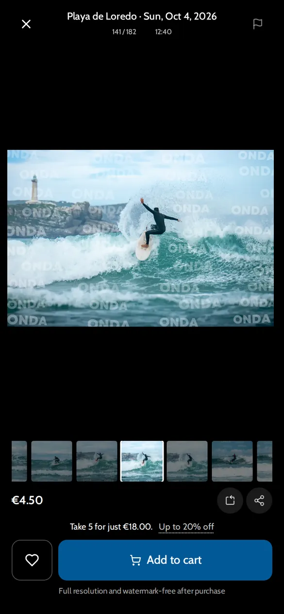 Onda photo viewer showing a watermarked surf photo at Playa de Loredo with a price and an Add to cart button