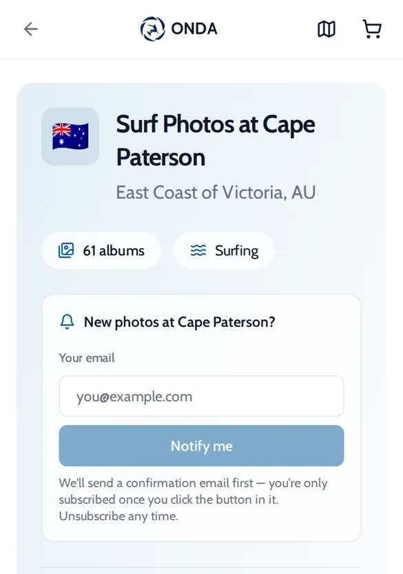 Onda spot page for Cape Paterson with a New photos at Cape Paterson email box and a Notify me button
