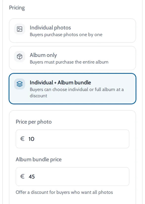 Onda album pricing options: individual photos, album only, or individual plus album bundle, with a photo price and an album bundle price