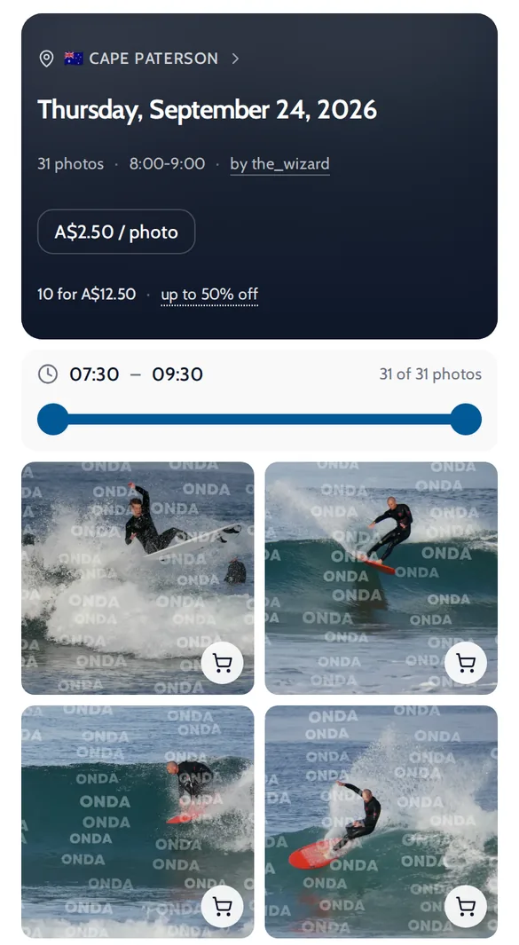 Onda album page for a Cape Paterson session showing a 10 for A$12.50 offer above the photos