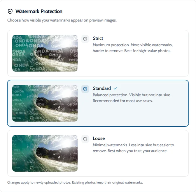 Onda watermark settings with Strict, Standard and Loose preview examples