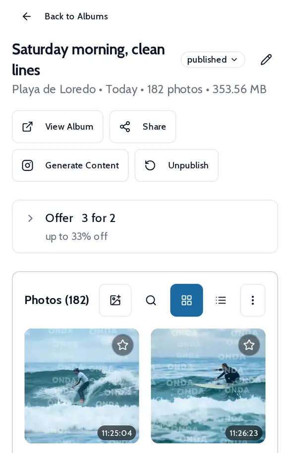 Onda album editor with a grid of watermarked surf photos and the 3 for 2 offer