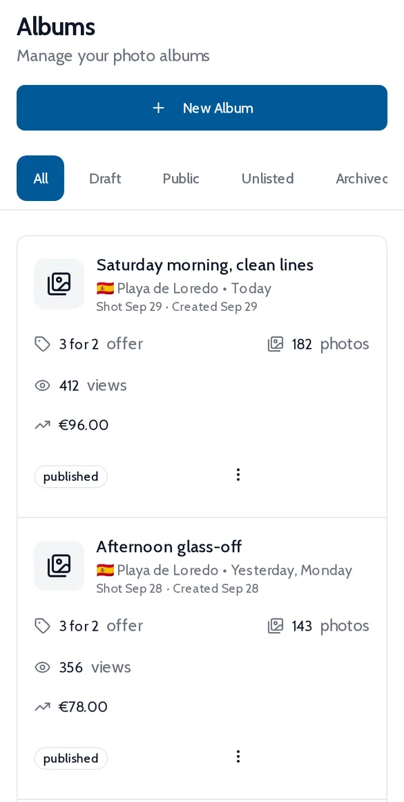 Onda albums list on a phone with the offer, photo count, views and revenue for each session