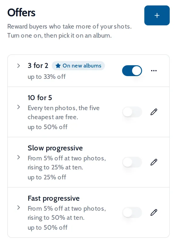 Onda Offers page on a phone with the 3 for 2 offer switched on and more ready-made offers below it