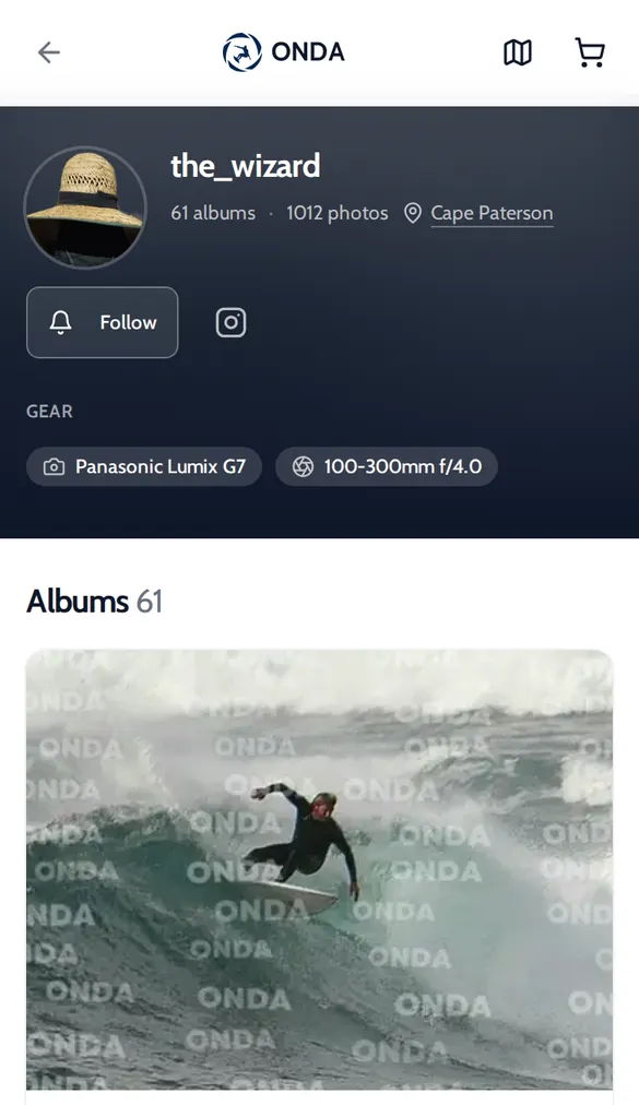 Onda photographer profile for the_wizard with album count, home spot, a Follow button and camera gear