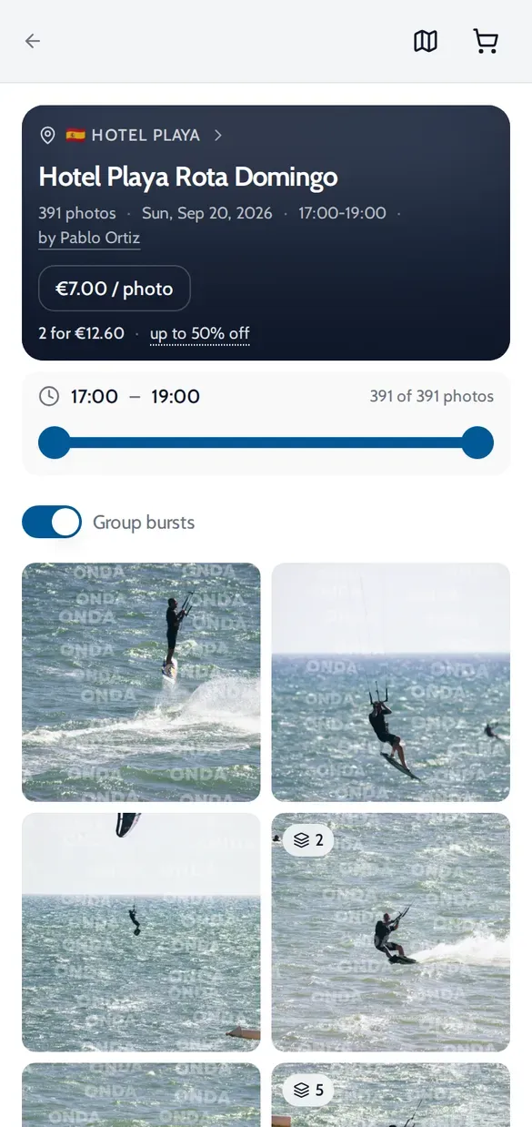ONDA album Hotel Playa Rota Domingo by Pablo Ortiz, 391 photos, with a grid of kitesurf photos