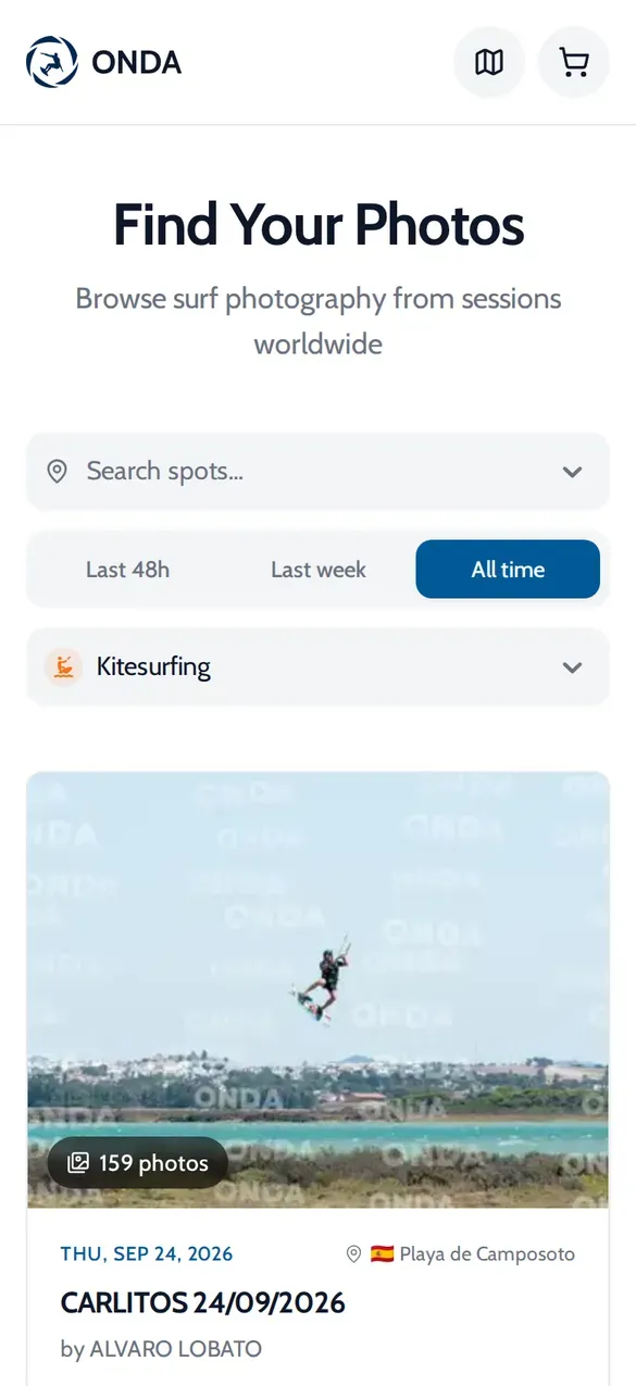 ONDA Find Your Photos page filtered to Kitesurfing, showing a 159-photo album at Playa de Camposoto