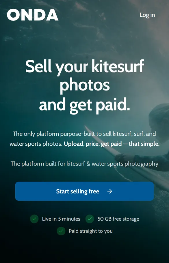 ONDA page Sell your kitesurf photos and get paid, with a Start selling free button