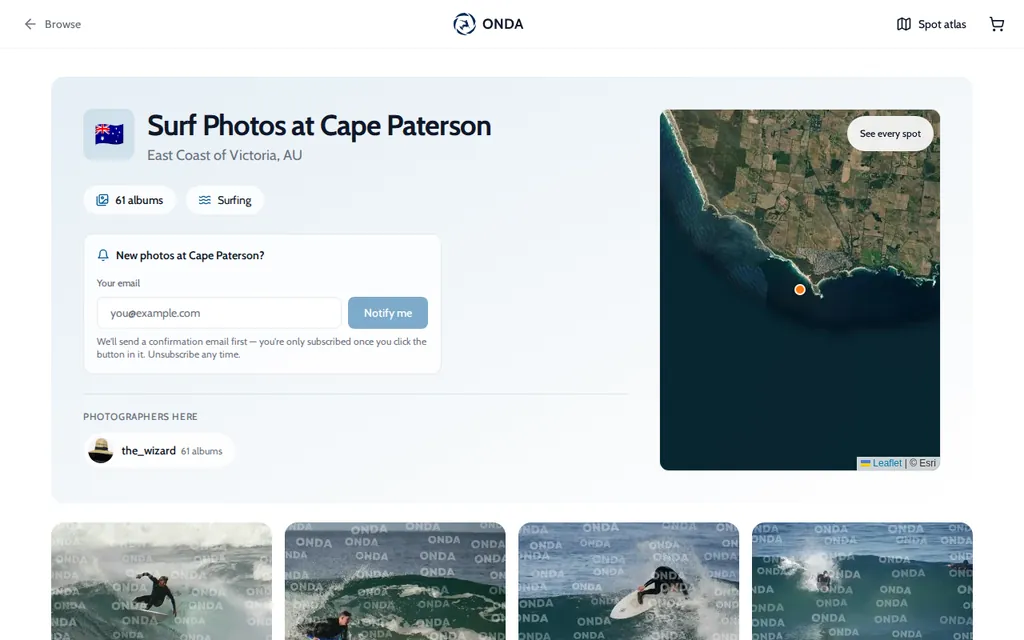 Onda spot page for Cape Paterson with 61 albums, a Notify me box and the latest surf albums