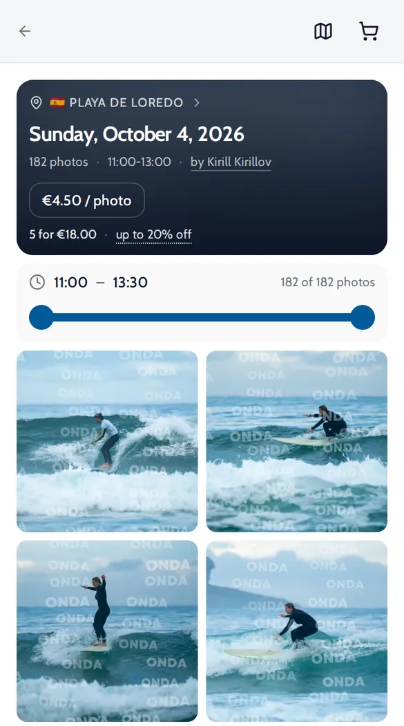 Onda album page for Playa de Loredo with 182 photos, a price per photo and a time slider