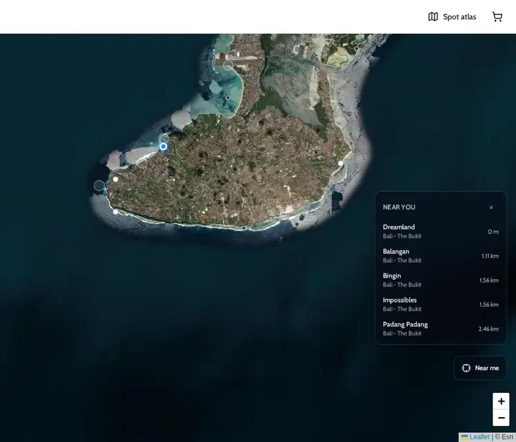 ONDA spot atlas on the Bukit peninsula with a Near you list of Dreamland, Balangan, Bingin, Impossibles and Padang Padang