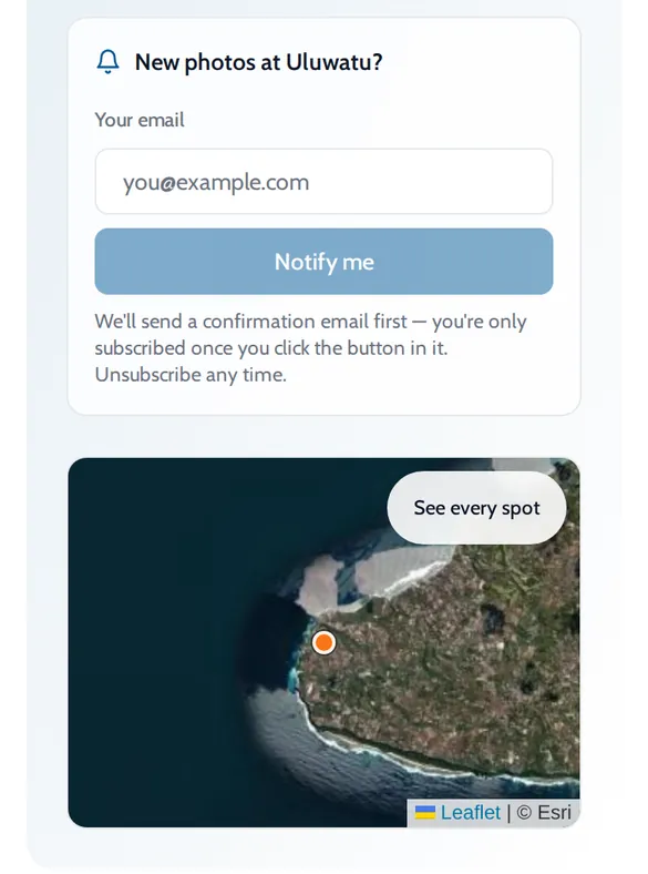 ONDA Notify me box for new photos at Uluwatu, above a map of the spot
