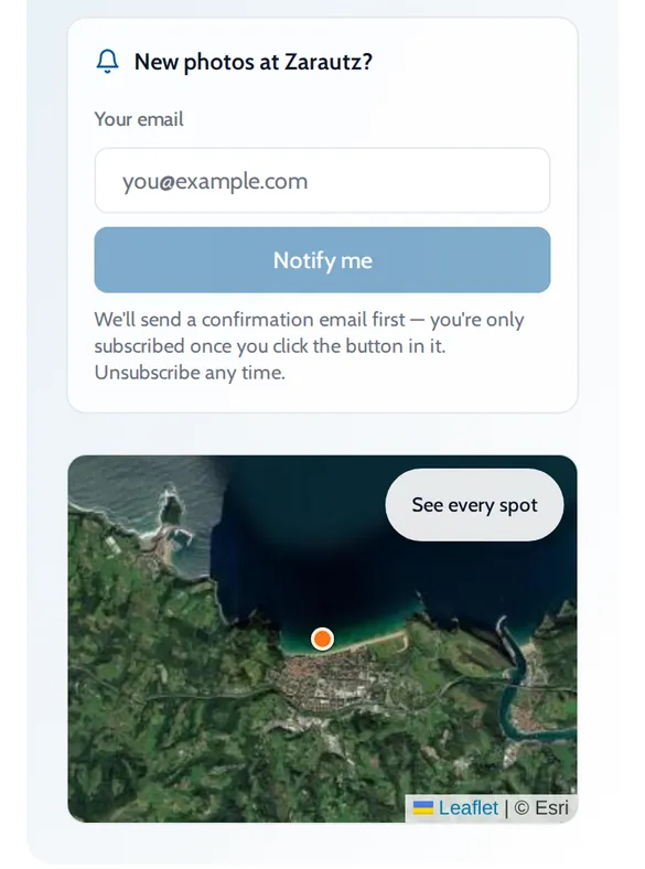 ONDA Notify me box for new photos at Zarautz, above a map of the spot