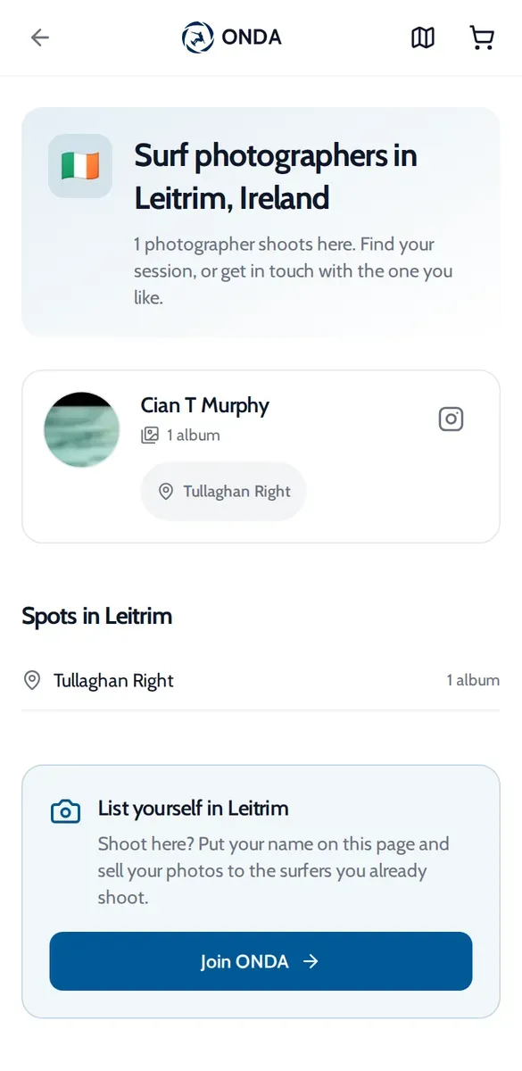 ONDA area page Surf photographers in Leitrim, Ireland, listing Cian T Murphy at Tullaghan Right