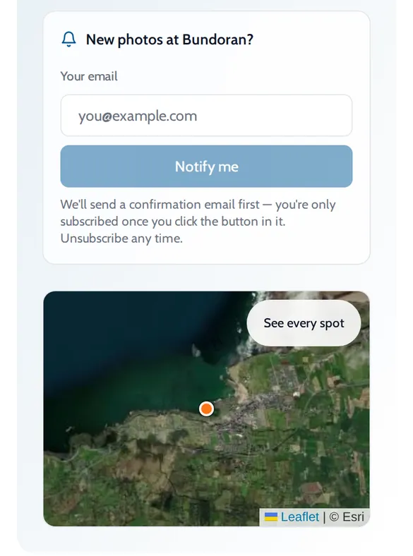 ONDA Notify me box for new photos at Bundoran, above a map of the spot