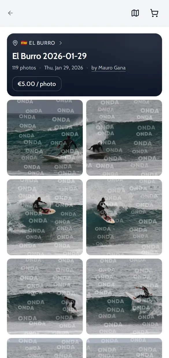 ONDA album El Burro 2026-01-29 by Mauro Gana, 119 photos, with a grid of watermarked surf photos