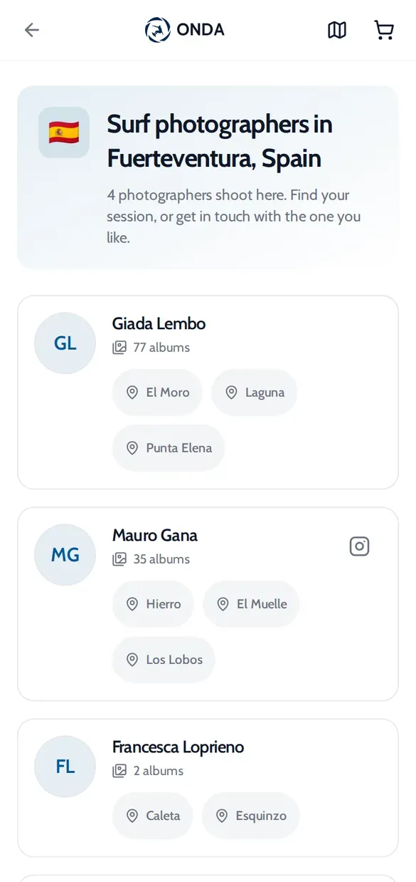 ONDA area page Surf photographers in Fuerteventura, Spain, listing Giada Lembo, Mauro Gana and Francesca Loprieno with their spots