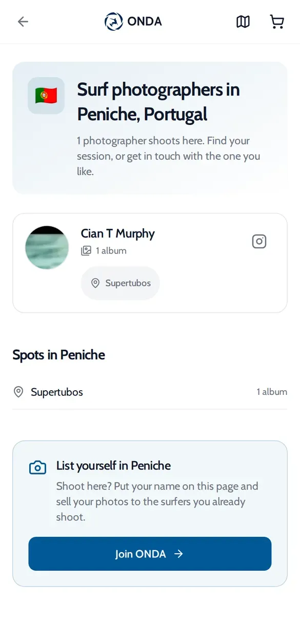 ONDA area page Surf photographers in Peniche, Portugal, listing Cian T Murphy and the Supertubos spot