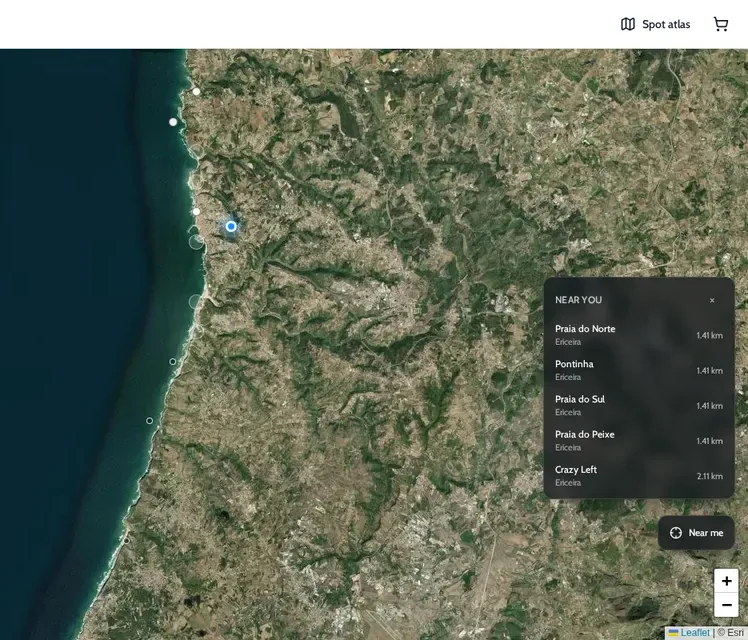 ONDA spot atlas near Ericeira with a Near you list of Praia do Norte, Pontinha, Praia do Sul, Praia do Peixe and Crazy Left