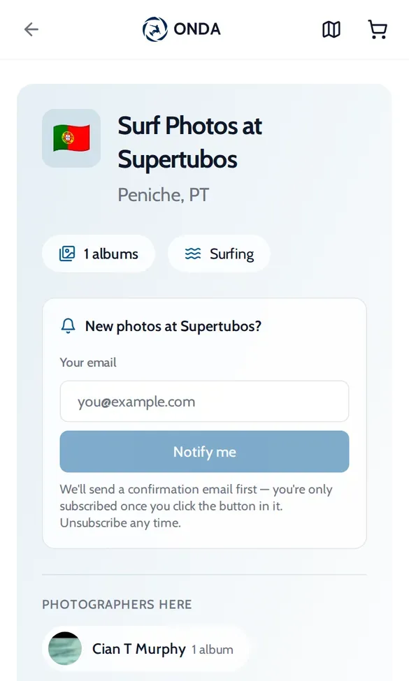 ONDA spot page for Supertubos with a New photos email box and a Notify me button, and Cian T Murphy listed as a photographer here