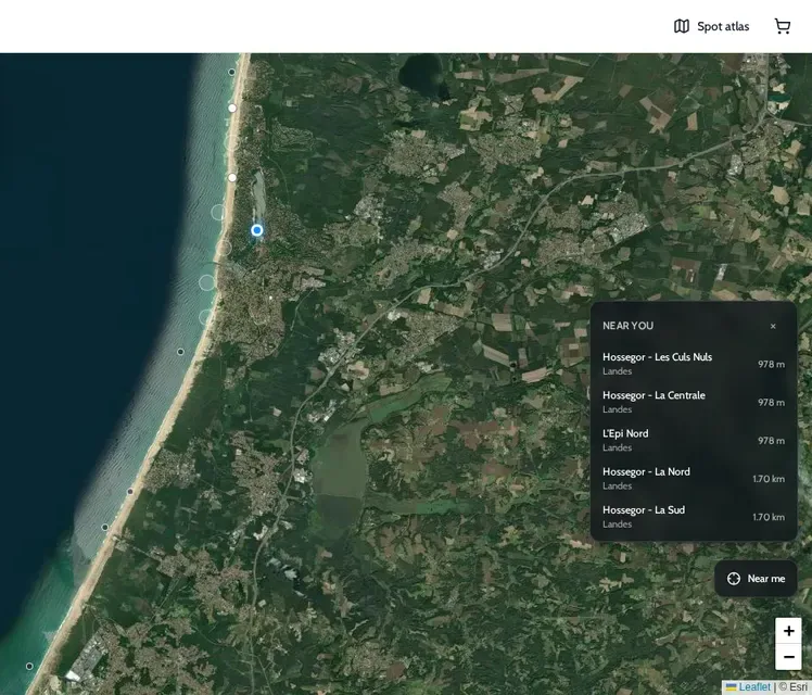 ONDA spot atlas zoomed on Hossegor, with a Near you list of Les Culs Nuls, La Centrale, La Nord and La Sud