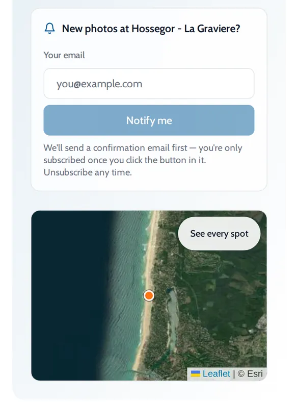 ONDA Notify me box for new photos at Hossegor - La Graviere, above a map of the spot