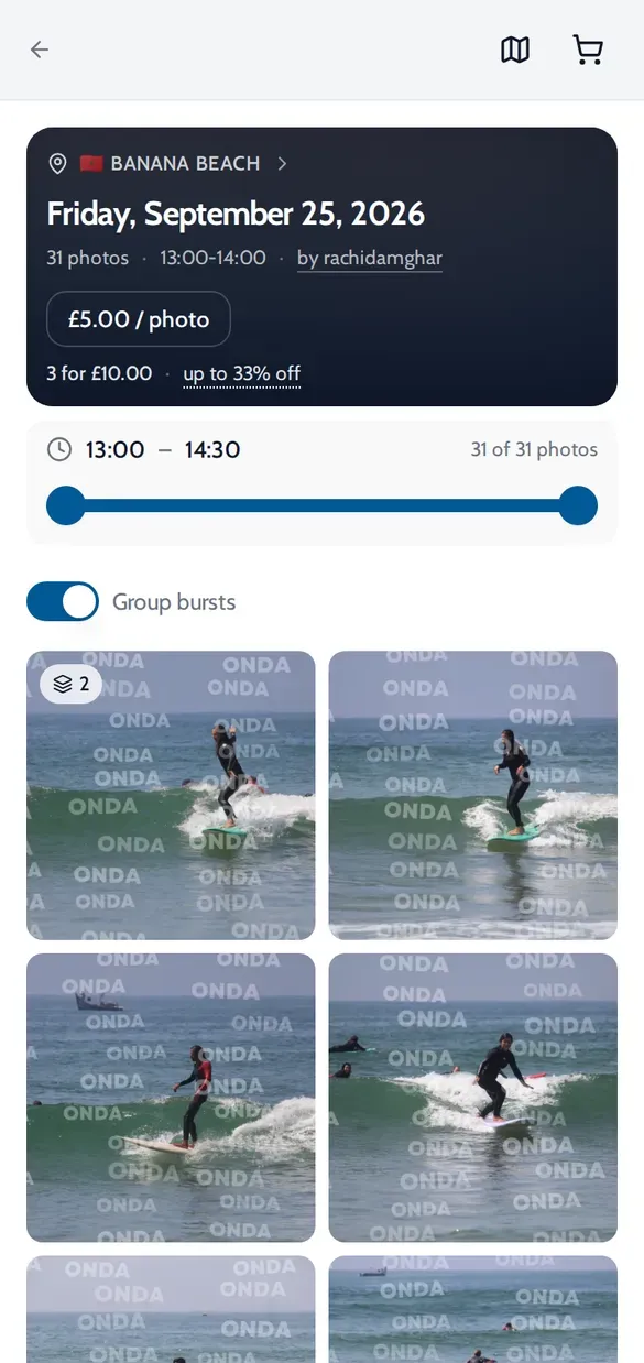 ONDA album at Banana Beach, Friday, September 25, 2026, 31 photos by rachidamghar, with a grid of surf photos