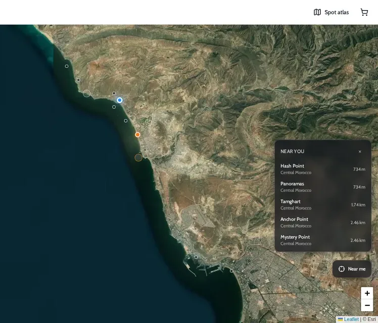 ONDA spot atlas around Taghazout with a Near you list of Hash Point, Panoramas, Tamghart, Anchor Point and Mystery Point