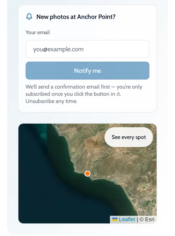 ONDA Notify me box for new photos at Anchor Point, above a map of the spot