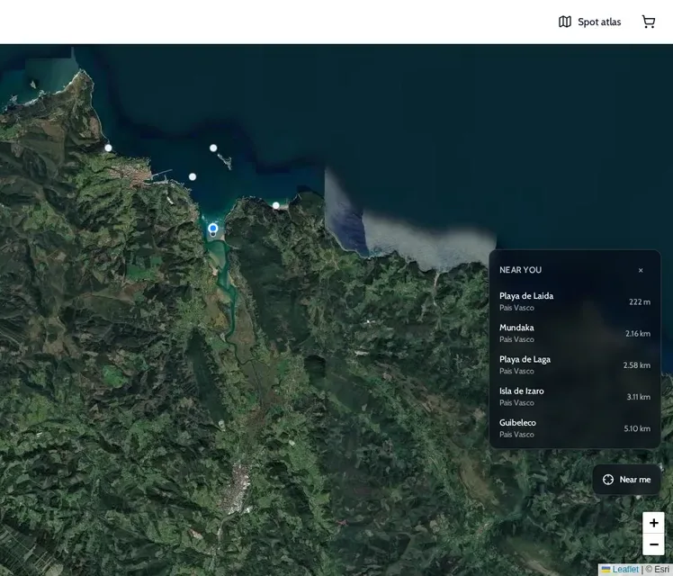ONDA spot atlas at the Mundaka rivermouth with a Near you list of Playa de Laida, Mundaka, Playa de Laga, Isla de Izaro and Guibeleco