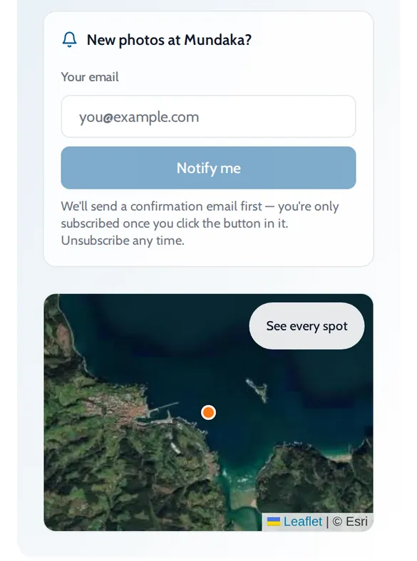 ONDA Notify me box for new photos at Mundaka, above a map of the spot