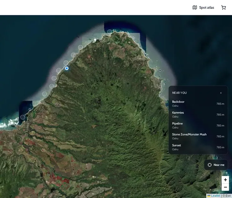 ONDA spot atlas on Oahu's North Shore with a Near you list of Backdoor, Kammies, Pipeline, Stone Zone and Sunset